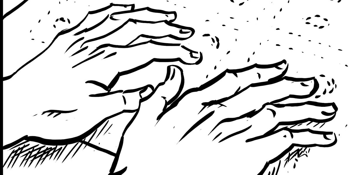 Comic-style drawing of two hands reading Braille